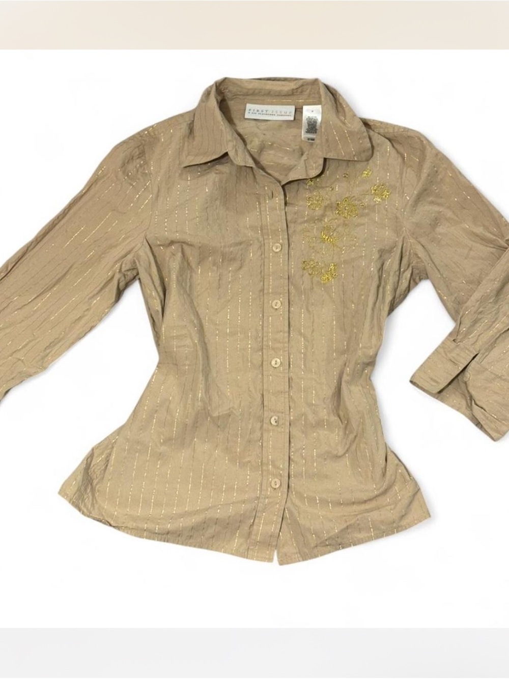 Women's Tan Button-Up Shirt with Gold Accents